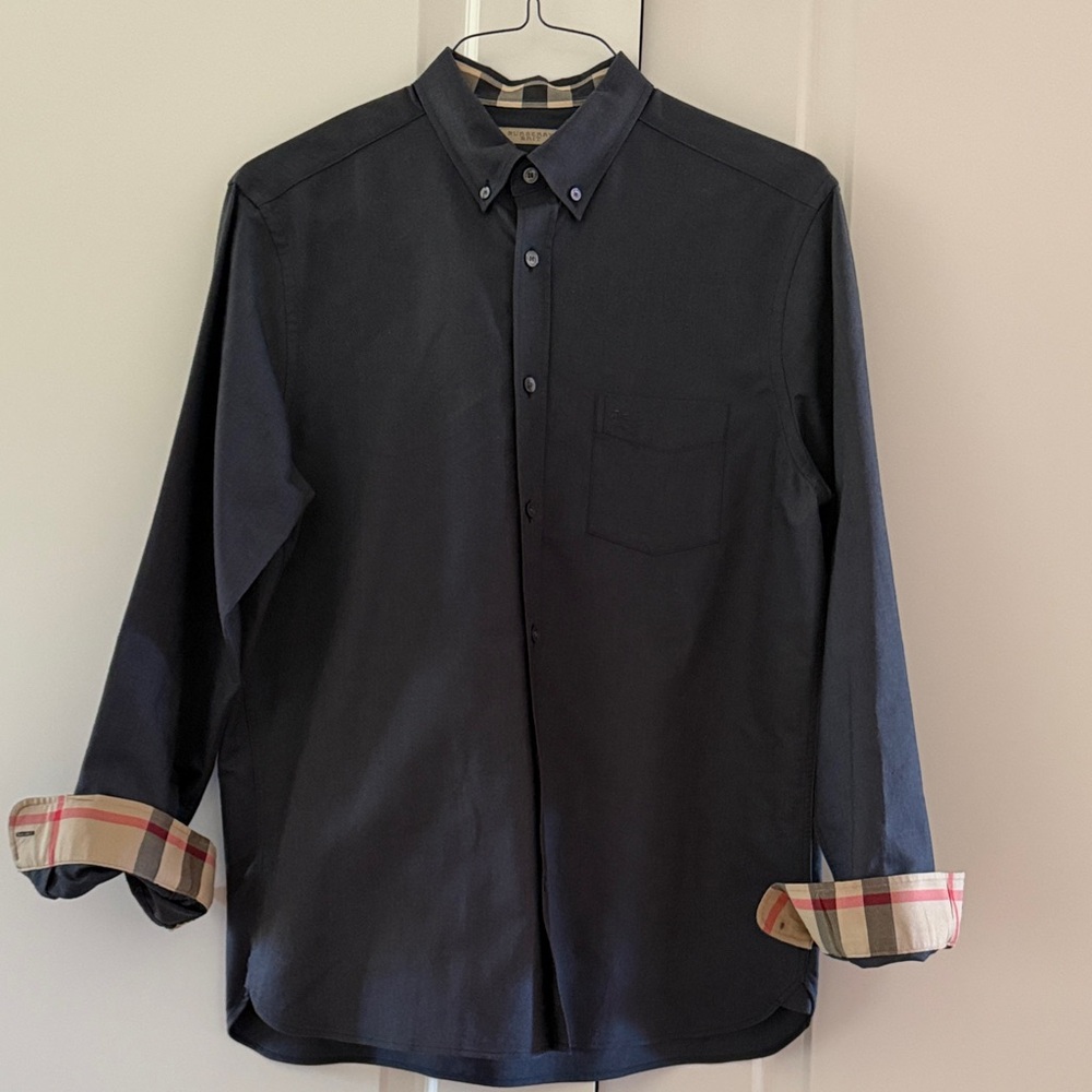 Burberry Dark Navy Button-Down Shirt with Signature Plaid Accents